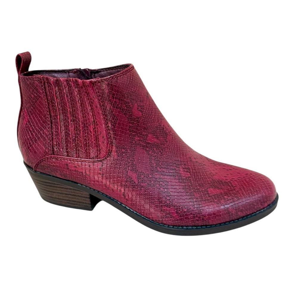 Kim Rogers Praya Side Zip Chunky‎ Heel Booties Burgundy Red Snakeskin Size 8.5